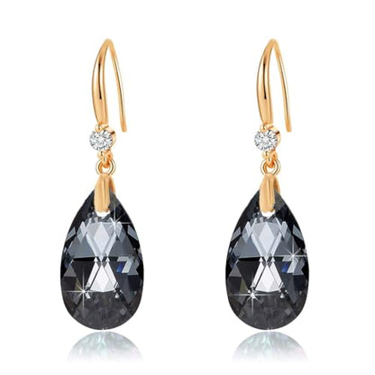 Austrian Crystal Teardrop Dangle Drop Earrings for Women 14K Gold Plated Hook Earring Hypoallergenic Jewelry Gifts for Women Girls - color: Grey-Black