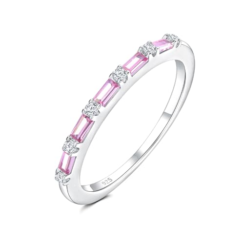1.5mm Thin Eternity Rings for Women Sterling Silver Stackable Rings | Dainty Stacking Birthstone Ring, Sapphire/Emerald/Ruby/Cz Baguette Wedding Bands, for Anniversary Jewelry Size 6-10(with Box) - color: 10-Pink Sapphire