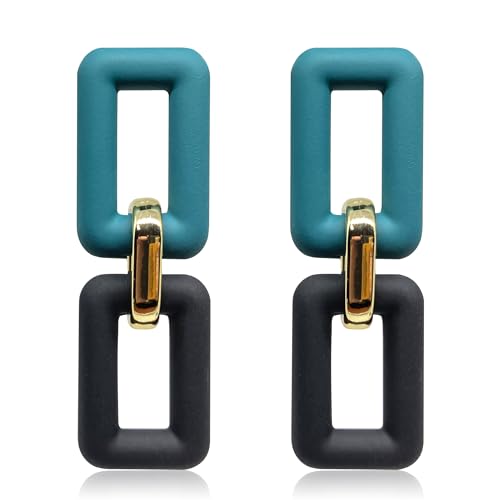Acrylic Chain Earrings for Women Girls Resin Square Geometric Statement Dangle Drop Earrings Bohemian Retro Paperclip Link Chain Earrings 70s 80s Jewelry Gifts - color: blue+black