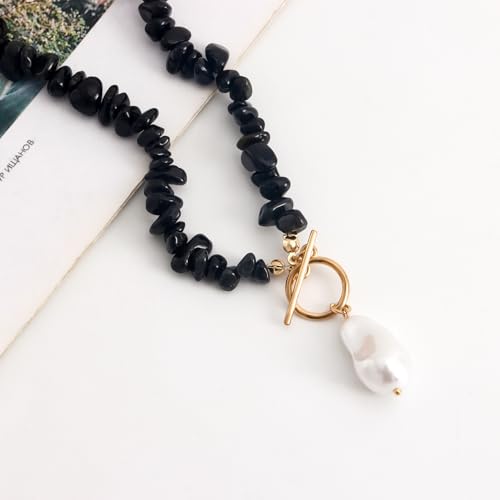 Bohemian Stone Pearl Choker Necklace for Women Dainty Natural Irregular Stone Choker Turquoise Beaded Lariat Necklace Simple Fashion OT Toggle Spiritual Handmade Jewelry - color: Black