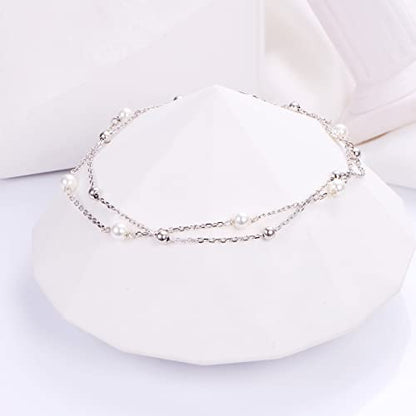 Anklet for Women 925 Sterling Silver Foot Adjustable Ankle Bracelet Jewelry - style: Layered Pearl Bead