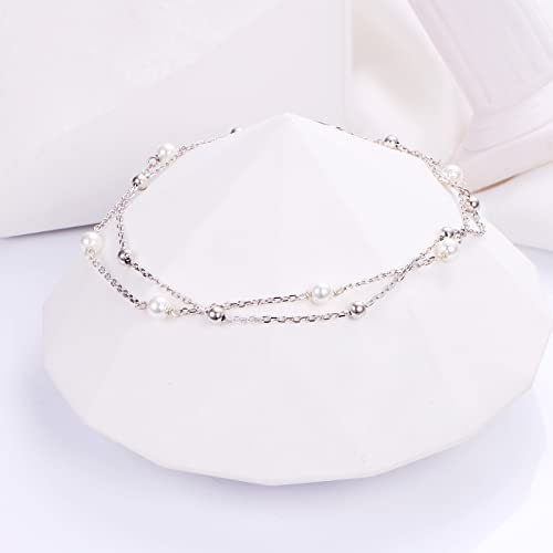 Anklet for Women 925 Sterling Silver Foot Adjustable Ankle Bracelet Jewelry - style: Layered Pearl Bead