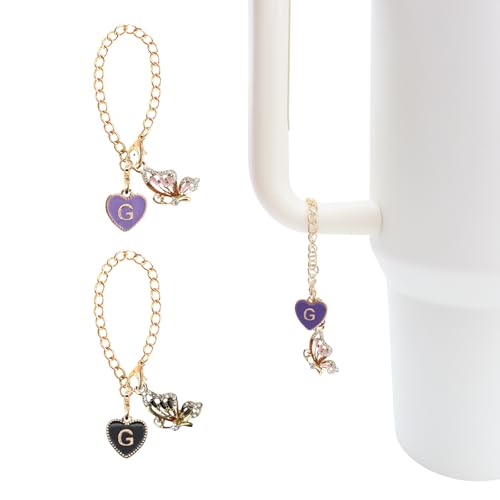 Rhinestones Letter Pendant for Stanley Cup,2PCS Initial Name ID Personalized Handle Charm for Water Bottle Tumbler Stanley Cup,Heart Shape & Four Leaf Clover Identification Charms Chain - color: black and purple, size: Purple butterfly-G