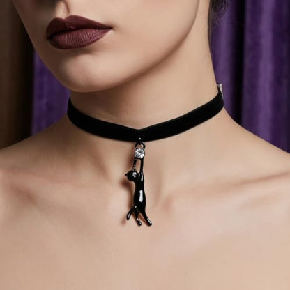 Punk Black Velvet Cat Pendant Necklace Cute Crystal Kitty Cat Choker | Rhinestone Kitten Statement Collar Neckband Y2k Kawaii Black Animal Clavie Necklace Adjustable Victorian Velvet Lace Jewelry