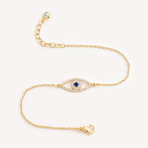 MEVECCO Dainty Chain Bracelets for Women, Layered and Charm Styles | 14K Gold Plated Brass, Select Cubic Zirconia Accents, Single and Multi-Row Structures for Refined Everyday Wristwear - style: Blue CZ Evil Eye