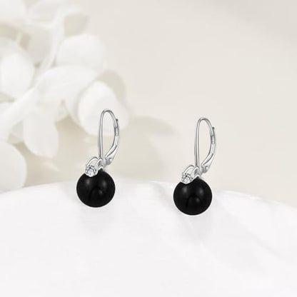 TIGER RIDER Pearl Earrings 925 Sterling Silver Leverback Hypoallergenic Drop Earring Jewelry for Women Birthday Gifts - style: Black Onyx