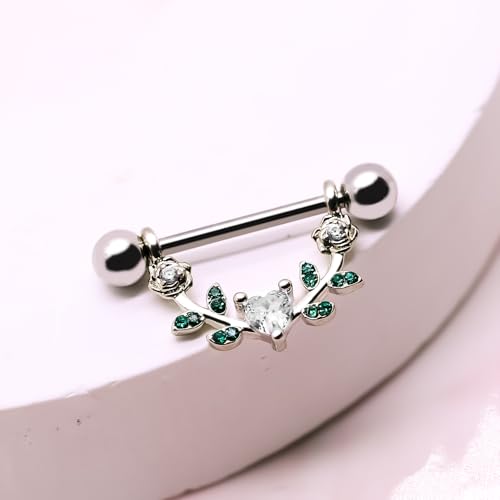 2pcs 14G Nipple Rings Flower Nipple Bars Surgial Steel 316L Nipple Piercing Jewelry Heart Nipple Barbell for Women - color: white h