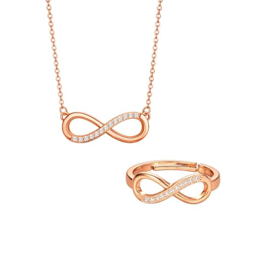 Nilu's Collection Infinity Shape Cubic Zirconia Diamond Bracelet for Women, Jewelry for Gift, Adjustable Charm Bracelet (Rose Gold Necklace + Bracelet) - color: Rose Gold Pendant+Ring