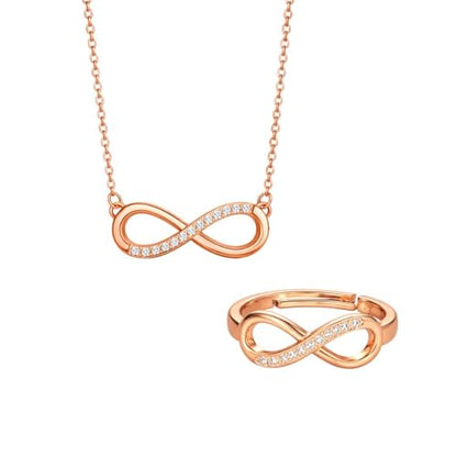 Nilu's Collection Infinity Shape Cubic Zirconia Diamond Bracelet for Women, Jewelry for Gift, Adjustable Charm Bracelet (Rose Gold Necklace + Bracelet) - color: Rose Gold Pendant+Ring