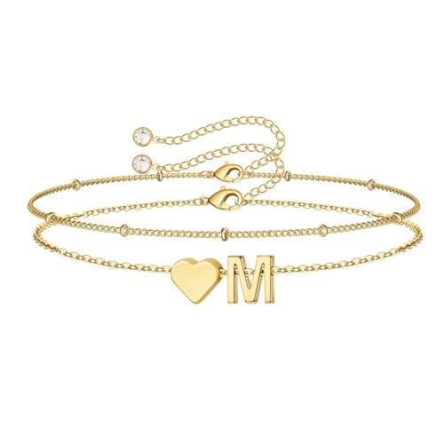 M MOOHAM Initial Bracelets for Women Teen Girls - Heart Letter A-Z Bracelet | Dainty 14K Gold Plated Jewelry, Heart Initial Bracelet, Bracelets for Women Girls Trendy, Birthday Gifts for Women Girls Her - color: Gold - M