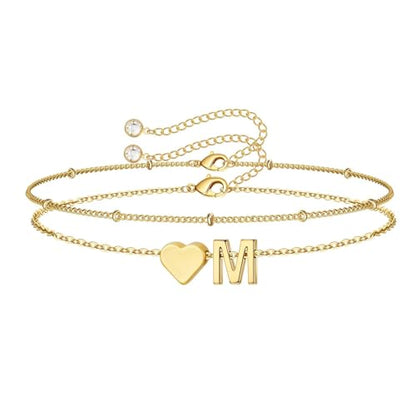 M MOOHAM Initial Bracelets for Women Teen Girls - Heart Letter A-Z Bracelet | Dainty 14K Gold Plated Jewelry, Heart Initial Bracelet, Bracelets for Women Girls Trendy, Birthday Gifts for Women Girls Her - color: Gold - M