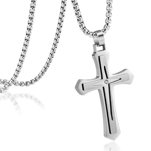 MOOSKI Cross Necklace for Men Stainless Steel Christ Jesus Jewelry 24"Chain | Religious christ Pendant ,Adjustable Rolo Chain,Gold Silver/Black Christian Jewelry Gift Women Men - color: Silver&White