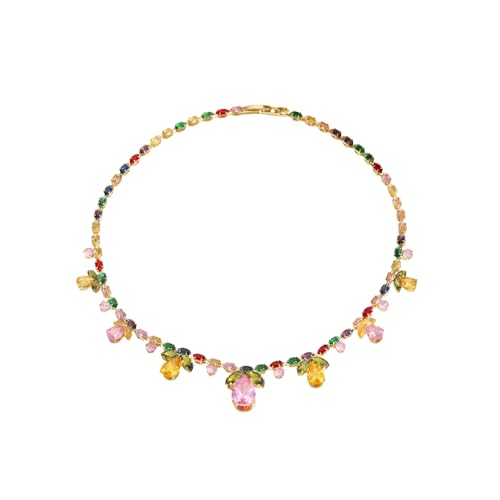 NewZenro Colorful Crystal Flower Teardrop Leaf Tennis Necklace for Women Gold-Tone Dainty Sparkling Rainbow Multicolor Rhinestone Cubic Zirconia Choker Necklaces Bride Wedding Party Fashion Jewelry