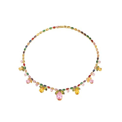 NewZenro Colorful Crystal Flower Teardrop Leaf Tennis Necklace for Women Gold-Tone Dainty Sparkling Rainbow Multicolor Rhinestone Cubic Zirconia Choker Necklaces Bride Wedding Party Fashion Jewelry