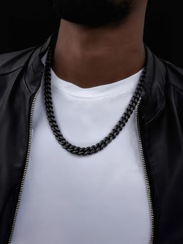 ChainsHouse Miami Cuban Link Chain Necklace for Men, Stainless Steel | 4.8/6/10/14mm Widths, Black/14K Gold Plated Finishes, Hip Hop Style, Daily Wear, Gift Box Included - color: Black