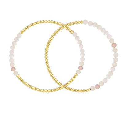 Kainier Gold Beaded Bracelets for Women 2Pairs 14K Gold Plated Stretch Bracelet Set Stackable Tarnish Dainty Natural Stone Bead Bracelets Gift - color: Moonstone