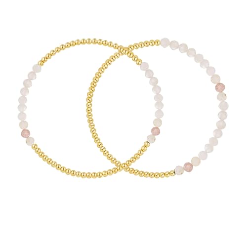 Kainier Gold Beaded Bracelets for Women 2Pairs 14K Gold Plated Stretch Bracelet Set Stackable Tarnish Dainty Natural Stone Bead Bracelets Gift - color: Moonstone