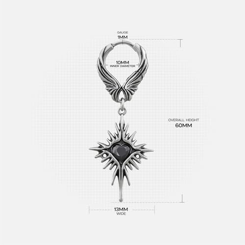 PUNKYOUTH Gothic Crest Dangle Drop Hoop Earrings Dark Alternative Piercing Jewelry 18G 1mm Antique Finish Ornate Scroll Cubic Zirconia Spike Statement Everyday Wear Accessories For Women Men - color: Winged Heartburst Earring-Silver