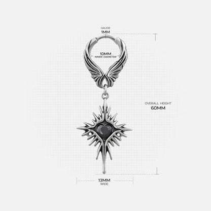 PUNKYOUTH Gothic Crest Dangle Drop Hoop Earrings Dark Alternative Piercing Jewelry 18G 1mm Antique Finish Ornate Scroll Cubic Zirconia Spike Statement Everyday Wear Accessories For Women Men - color: Winged Heartburst Earring-Silver