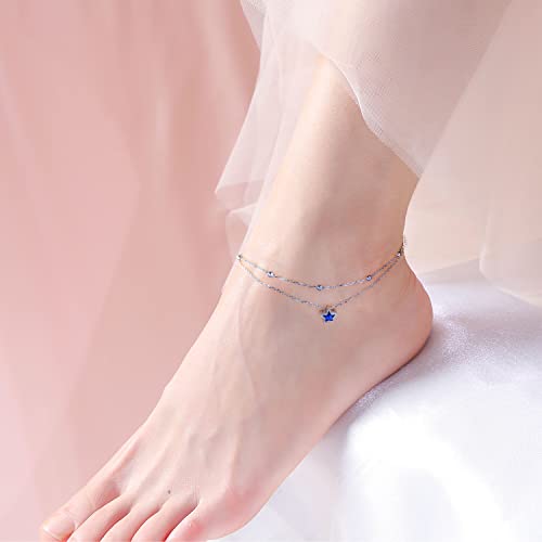 DAOCHONG Double Foot Chain Layer Ankle Bracelets for Women S925 Sterling Silver 3 Blue Stars Beads Chain Double Layer Anklet Beach Jewelry Anklet 9+1.5 inches - style: 01_One Star