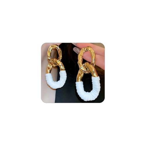Chunky Gold Acrylic Chain Statement Earrings for Women,Exaggerated Thick Chain Artificial Leather Wrap Dangle Earrings Trendy Geometric Ear Jewelry - color: White