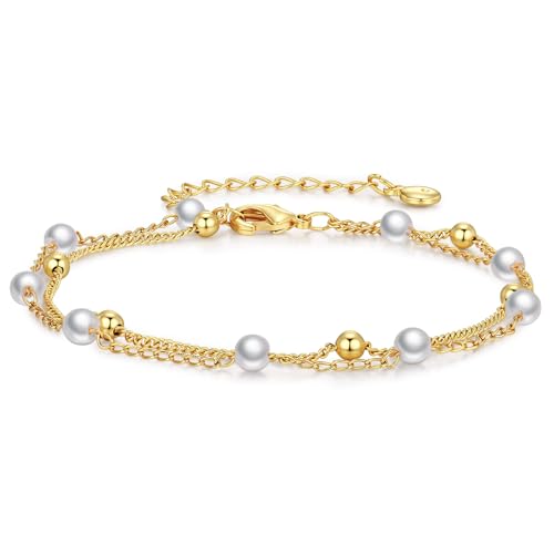 Gold Pearl Bracelet for Women, 18K Gold Plated Dainty Pearls Beaded Chain Bracelet Jewelry Gifts for Women - color: D-Gold 4