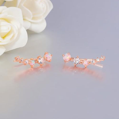 CiNily Star Opal Ear Cuffs Climber Earrings, 14K Gold CZ Ear Crawler Earrings for Women Small Cartilage Stud Earrings Fashion Hypoallergenic Jewelry Christmas Day Gifts, White Gold, Rose Gold - color: Rose Gold-Pink Opal, size: Round Opal
