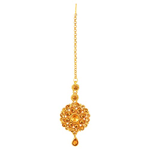 Aheli Elegant Indian Faux Kundan Studded Choker Necklace with Maang Tikka Set Ethnic Wedding Wear Bharatanatyam jewellery set Gift for Women - color: Gold 1