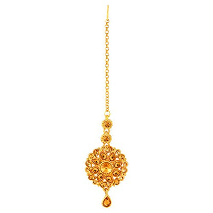 Aheli Elegant Indian Faux Kundan Studded Choker Necklace with Maang Tikka Set Ethnic Wedding Wear Bharatanatyam jewellery set Gift for Women - color: Gold 1