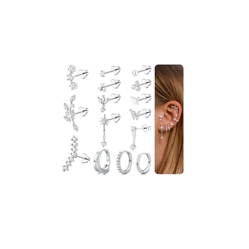 ORAZIO 20/18/16G Cartilage Earrings for Women Flat Back Earring Stacks Hypoallergenic Surgical Steel Flatback Stud Hoop Cartilage Earring Set Daith Conch Tragus Helix Piercing Jewelry Single PC - color: Style2-Silver Plated, size: 20g=0.8mm