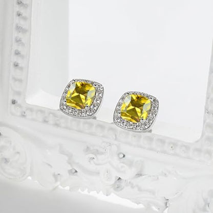Cubic Zirconia Necklace and Earrings Set for Women 14K White Gold Plated Bridesmaid Silver Jewelry Set for Women Pendant Necklace Hypoallergenic Stud Earrings Set Jewellery Gift for Mom Wife Bride Bridesmaid - color: Yellow-Square Shape