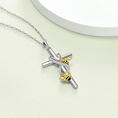 POPLYKE Cross Necklace for Women 925 Sterling Silver Cross Pendant Necklace Animal Jewelry Christmas Gifts for Women Mother Grandma - style: Bee