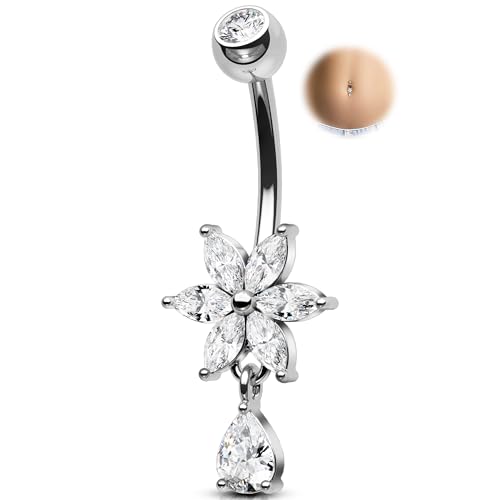 Melighting 14G Clear Belly Button Ring, Flower Belly Piercing Jewelry Surgical Steel 316L, Dangle Teardrop CZ Navel Piercing Barbell, 10 mm Silver Lotus Body Jewellery for Women