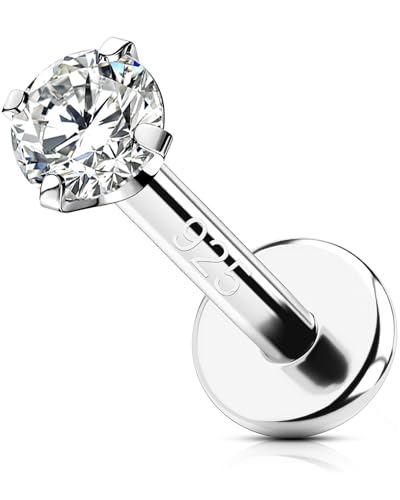 OUFER 925 Sterling Silver Flat Back Earrings, Clear CZ 16G Helix Piercing Jewelry, Silver Internally Threaded Cartilage Earrings Stud, Silver Lip Labret Rings for Women - color: Silver-2.5mm