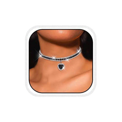 CLOACE Rhinestone Choker Necklace Heart Pendant Diamond Row Necklaces Sparkly Crystal Prom Chain Jewerly Accessories for Women - color: Black
