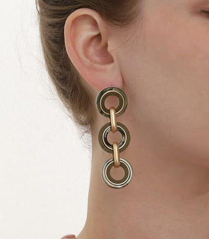 Ozel - Natural Wooden Acrylic Boho Drop Dangle Earrings for Women - Geometric Statement Jewellery - Brown, Black, Magent Red, Olive Green, White beige - color: 3Circle_Olive