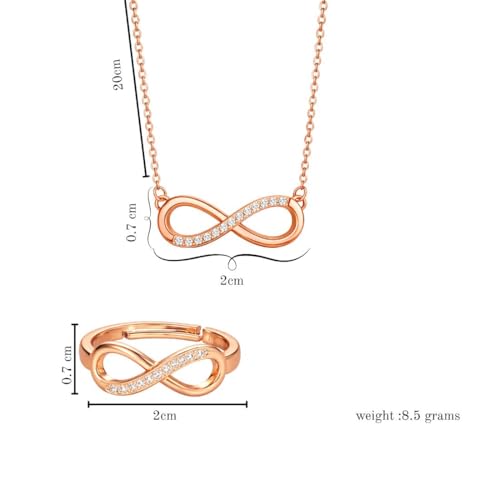Nilu's Collection Infinity Shape Cubic Zirconia Diamond Bracelet for Women, Jewelry for Gift, Adjustable Charm Bracelet (Rose Gold Necklace + Bracelet) - color: Rose Gold Pendant+Ring