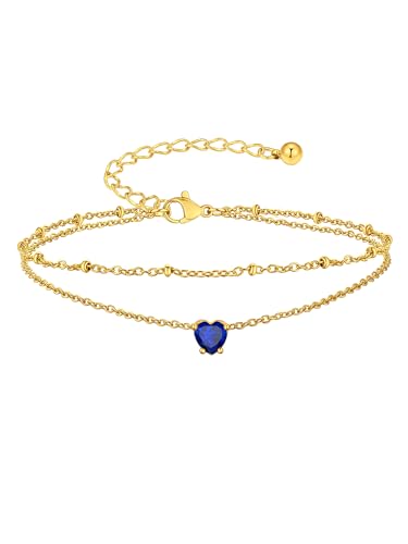 Suplight Gold Plated Butterfly Anklets for Women Waterproof, Layered Boho Ankle Bracelet with Birthstone, Stainless Steel Adjustable Non-Tarnish Heart Foot Jewelry Beach Vacation - color: 09. Heart-Sept. Sapphire