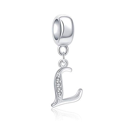 925 Sterling Silver Charms Alphabet Beads fit Pandora Charm Bracelets A-Z Letter Initial Spacer Dangle Clear CZ Stone Authentic for Snake Chain Bracelets - color: L