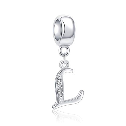 925 Sterling Silver Charms Alphabet Beads fit Pandora Charm Bracelets A-Z Letter Initial Spacer Dangle Clear CZ Stone Authentic for Snake Chain Bracelets - color: L