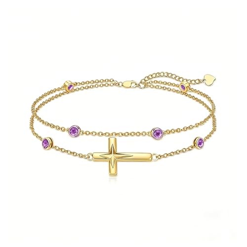 Midari 18K Yellow Gold Gemstone Birthstone Anklet Bracelet Cross Jewelry with 12 Months Birthstone Birthday Gifts for Women Wife Her Daughter Mom - color: 02-Feb-Amethyst, size: Bracelet 7"-9"