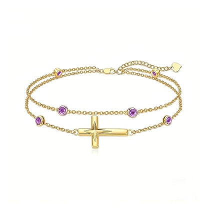 Midari 18K Yellow Gold Gemstone Birthstone Anklet Bracelet Cross Jewelry with 12 Months Birthstone Birthday Gifts for Women Wife Her Daughter Mom - color: 02-Feb-Amethyst, size: Bracelet 7"-9"