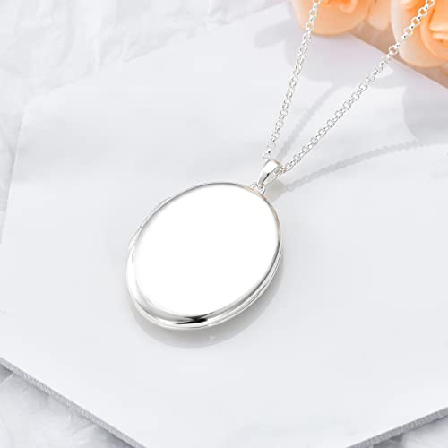 SOULMEET 10K 14K 18K Solid White Gold/Silver Minimalist Style/Infinity Sunflower Heart/Oval Locket Necklace That Holds 1 or 2 Pictures Personalized Photo Locket Necklace Letters Engraving - style: E2-White gold locket+photo+text