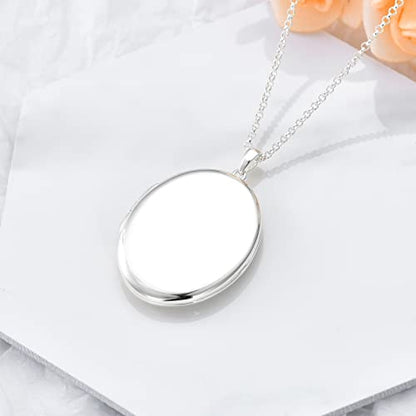 SOULMEET 10K 14K 18K Solid White Gold/Silver Minimalist Style/Infinity Sunflower Heart/Oval Locket Necklace That Holds 1 or 2 Pictures Personalized Photo Locket Necklace Letters Engraving - style: E2-White gold oval locket+photo