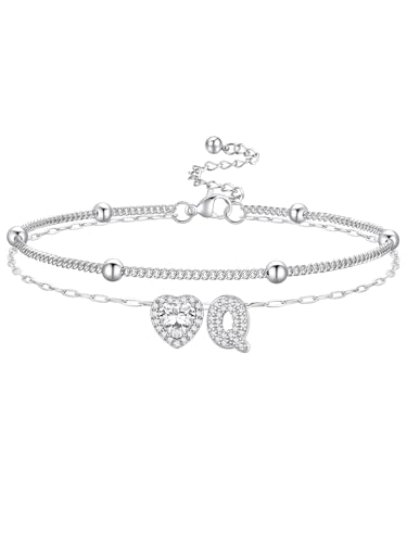 Bestyle Initial Anklet Bracelets for Women Waterproof Non Tarnish 14K Gold/White Gold Plated CZ Anklets for Women Dainty Layered Letter Heart Ankle Bracelets Adjustable Foot Chain Anklet - color: Q