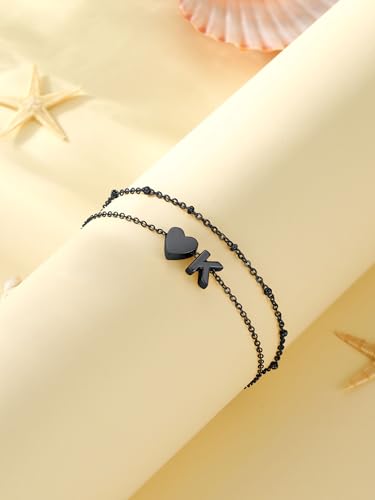 Initial Ankle Bracelets for Women, Dainty Stainless Steel Letter A-Z Layered Anklets, Heart Ankle Bracelet 8.5"-10.5" Adjustable, Summer Beach Jewelry, Come with Box - color: Black, size: T
