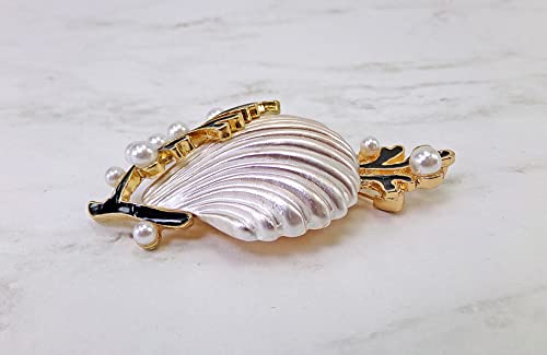 Silver Seashell Brooch Pin with Coral Enamel & Faux Pearls – Silver Plated Ocean Theme Statement Brooch, Nautical Beach Jewelry Gift for Women
