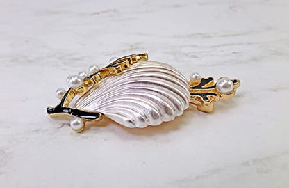Silver Seashell Brooch Pin with Coral Enamel & Faux Pearls – Silver Plated Ocean Theme Statement Brooch, Nautical Beach Jewelry Gift for Women