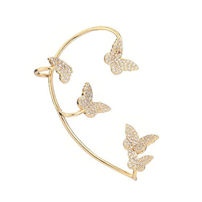 Luxury 3D Butterfly Cuff Earrings Ear Wrap Earrings Crystal CZ No Piercing Ear Clip Crawler Full Rhinestone for Women Wedding Jewelry - style: 1 Pairs Gold