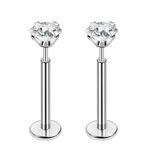PunkTracker 16g/18g/20g Titanium Steel Threadless Flat Back Cartilage Earrings for Helix/Tragus/Conch/Daith/Earlobe - Nose Studs Lip Rings Labret Monroe Piercing Jewelry for Women Men 2PCS - style: 16g,silver,10mm bar,4mm gem